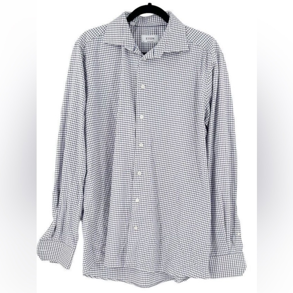 Eton Contemporary Mens Dress Shirt Size 17 43 Gingham Check Gray White Button Up